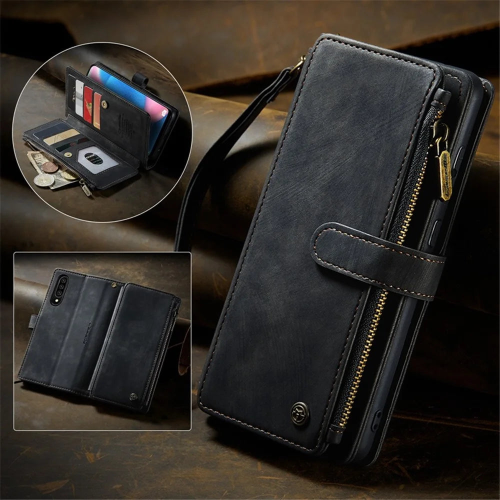 For Samsung Galaxy A30s / A50s / A50 Phone Cases with Strap CASEME C30 Zipper Multiple Card Holder PU Leather Cover - Black - 5
