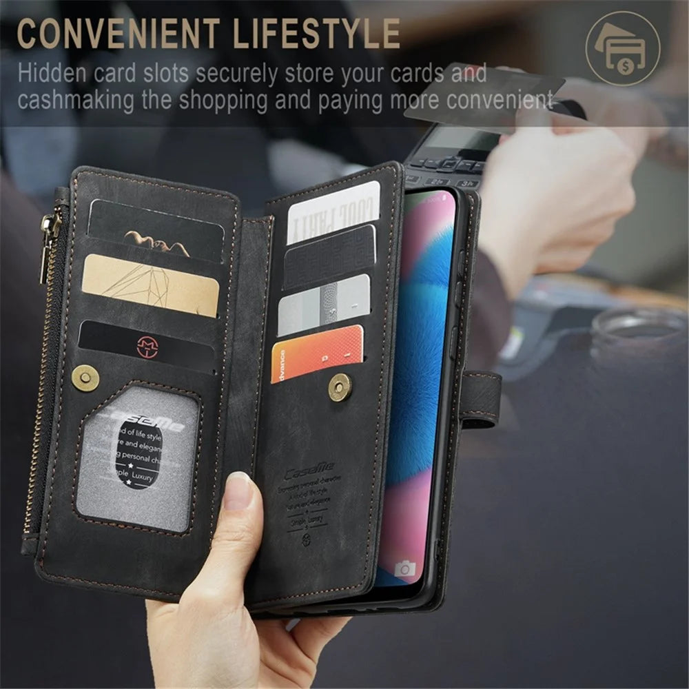 For Samsung Galaxy A30s / A50s / A50 Phone Cases with Strap CASEME C30 Zipper Multiple Card Holder PU Leather Cover - Black - 6