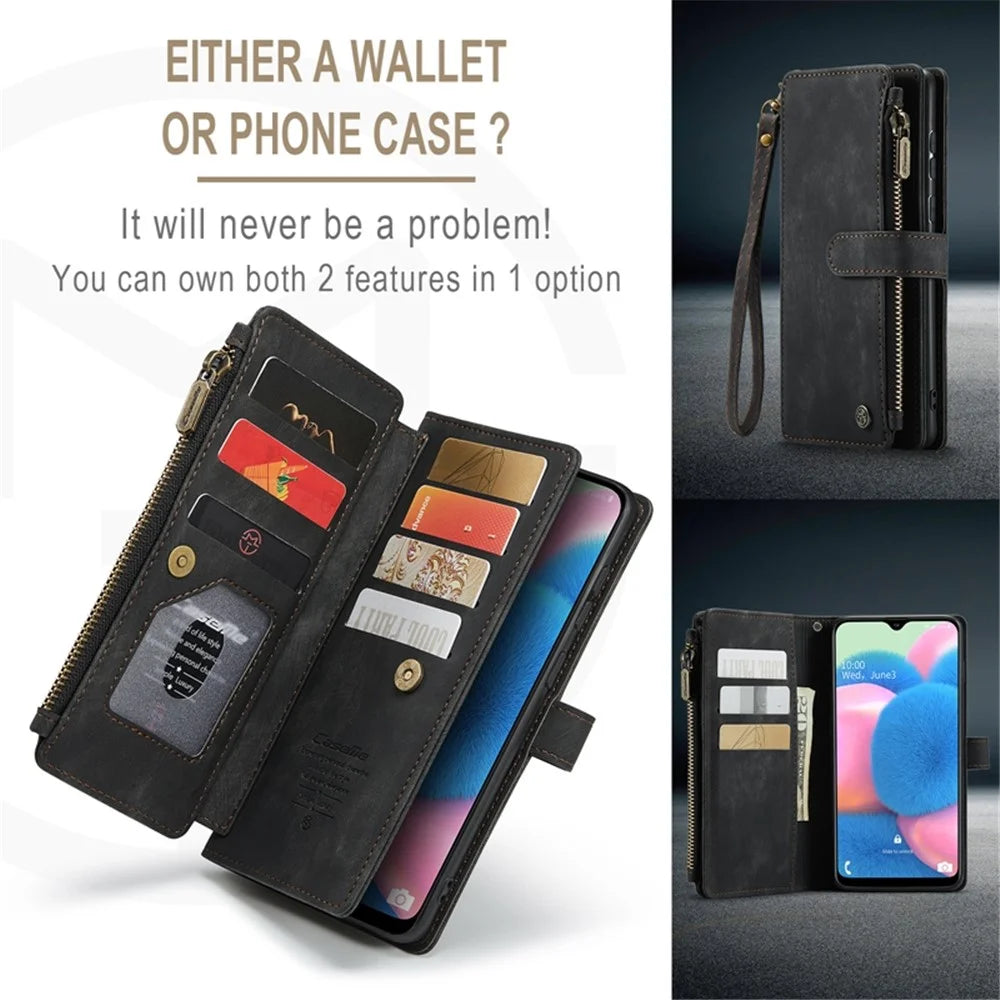 For Samsung Galaxy A30s / A50s / A50 Phone Cases with Strap CASEME C30 Zipper Multiple Card Holder PU Leather Cover - Black - 7