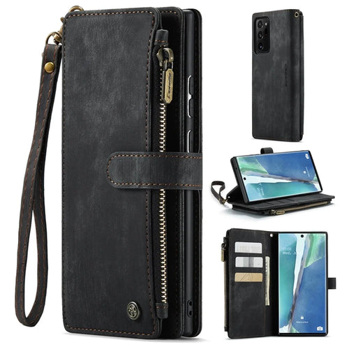 For Samsung Galaxy Note20 Ultra 4G / 5G Phone Cases with Strap CASEME C30 Zipper Multiple Card Holder PU Leather Cover - Black - 1