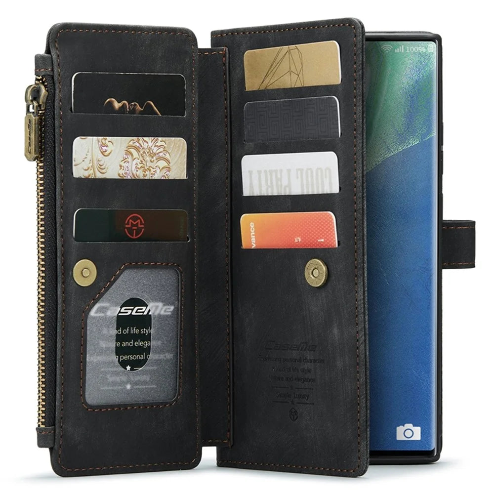 For Samsung Galaxy Note20 Ultra 4G / 5G Phone Cases with Strap CASEME C30 Zipper Multiple Card Holder PU Leather Cover - Black - 3