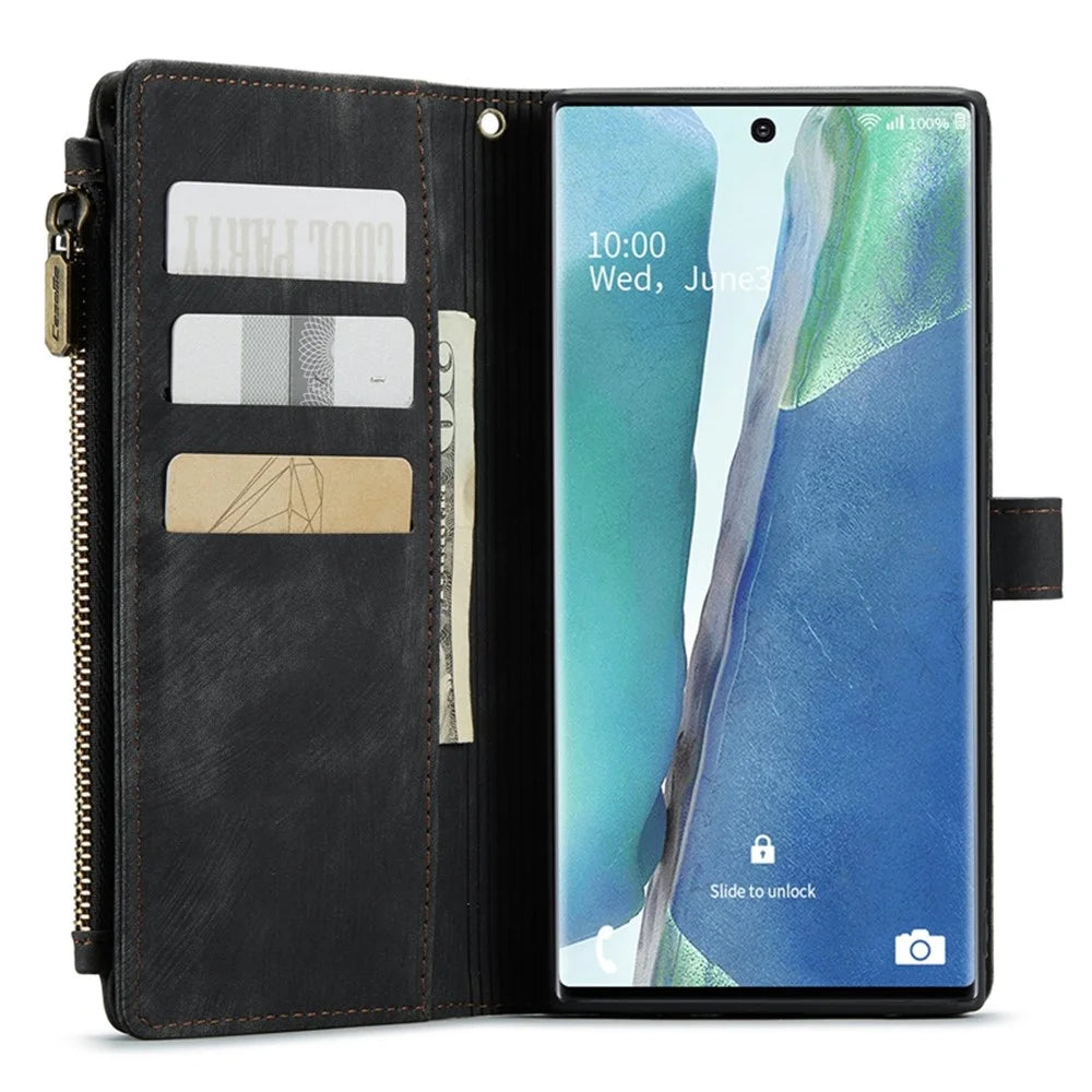 For Samsung Galaxy Note20 Ultra 4G / 5G Phone Cases with Strap CASEME C30 Zipper Multiple Card Holder PU Leather Cover - Black - 4