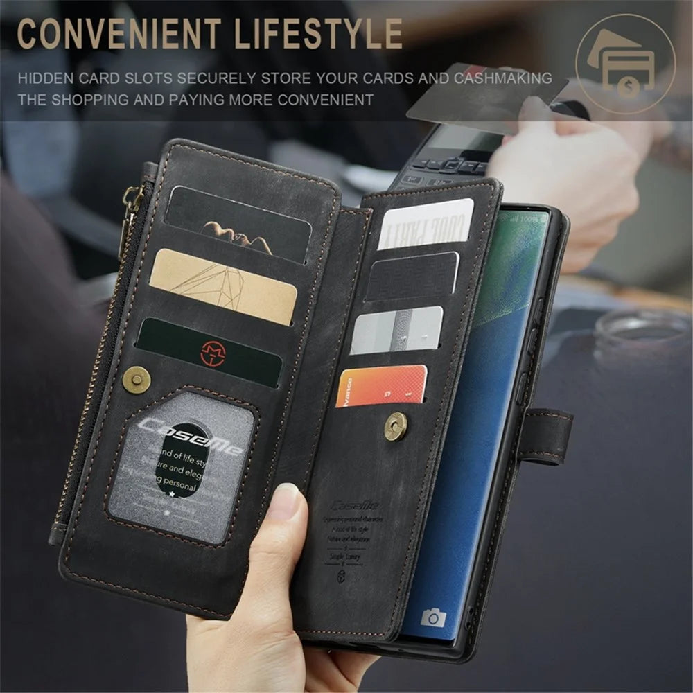 For Samsung Galaxy Note20 Ultra 4G / 5G Phone Cases with Strap CASEME C30 Zipper Multiple Card Holder PU Leather Cover - Black - 5