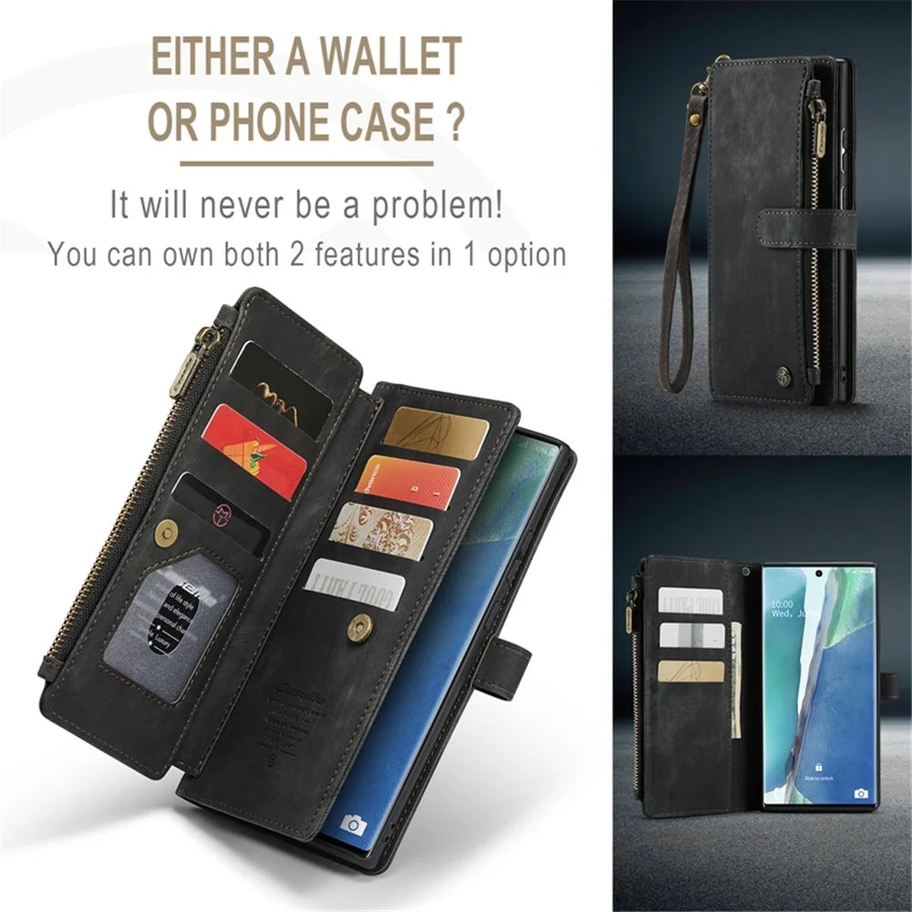 For Samsung Galaxy Note20 Ultra 4G / 5G Phone Cases with Strap CASEME C30 Zipper Multiple Card Holder PU Leather Cover - Black - 6