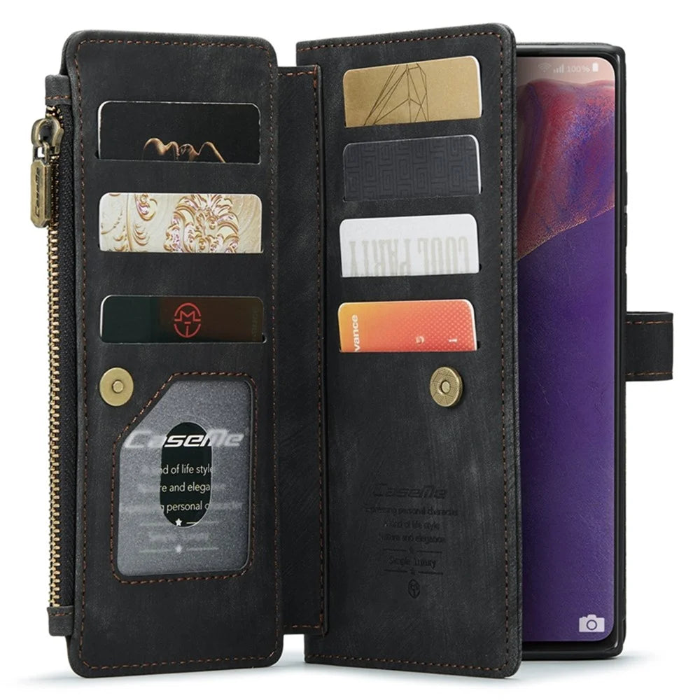 For Samsung Galaxy Note20 5G / 4G Phone Cases with Strap CASEME C30 Zipper Multiple Card Holder PU Leather Cover - Black - 3