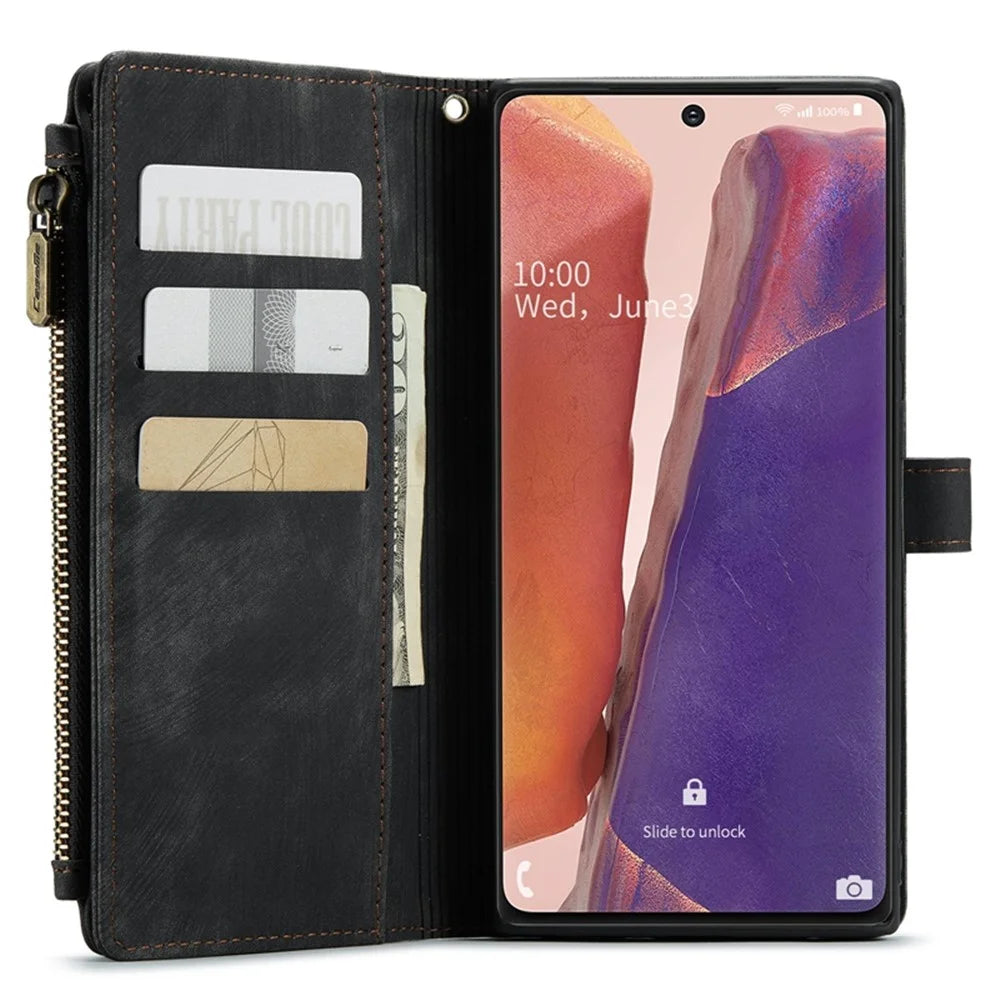 For Samsung Galaxy Note20 5G / 4G Phone Cases with Strap CASEME C30 Zipper Multiple Card Holder PU Leather Cover - Black - 4