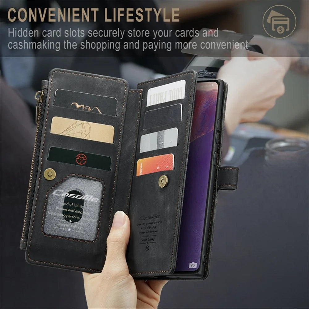 For Samsung Galaxy Note20 5G / 4G Phone Cases with Strap CASEME C30 Zipper Multiple Card Holder PU Leather Cover - Black - 5
