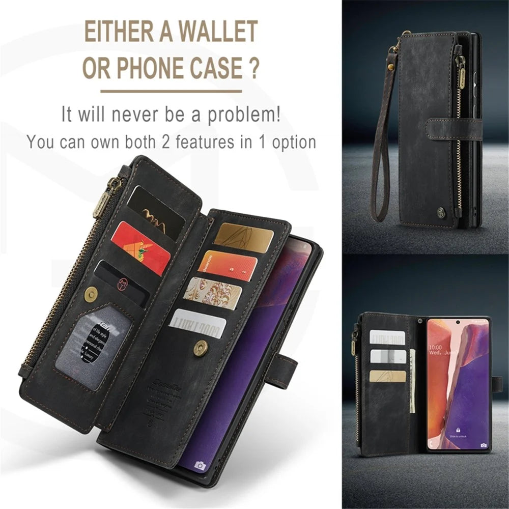 For Samsung Galaxy Note20 5G / 4G Phone Cases with Strap CASEME C30 Zipper Multiple Card Holder PU Leather Cover - Black - 6
