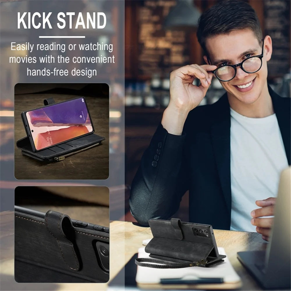 For Samsung Galaxy Note20 5G / 4G Phone Cases with Strap CASEME C30 Zipper Multiple Card Holder PU Leather Cover - Black - 7