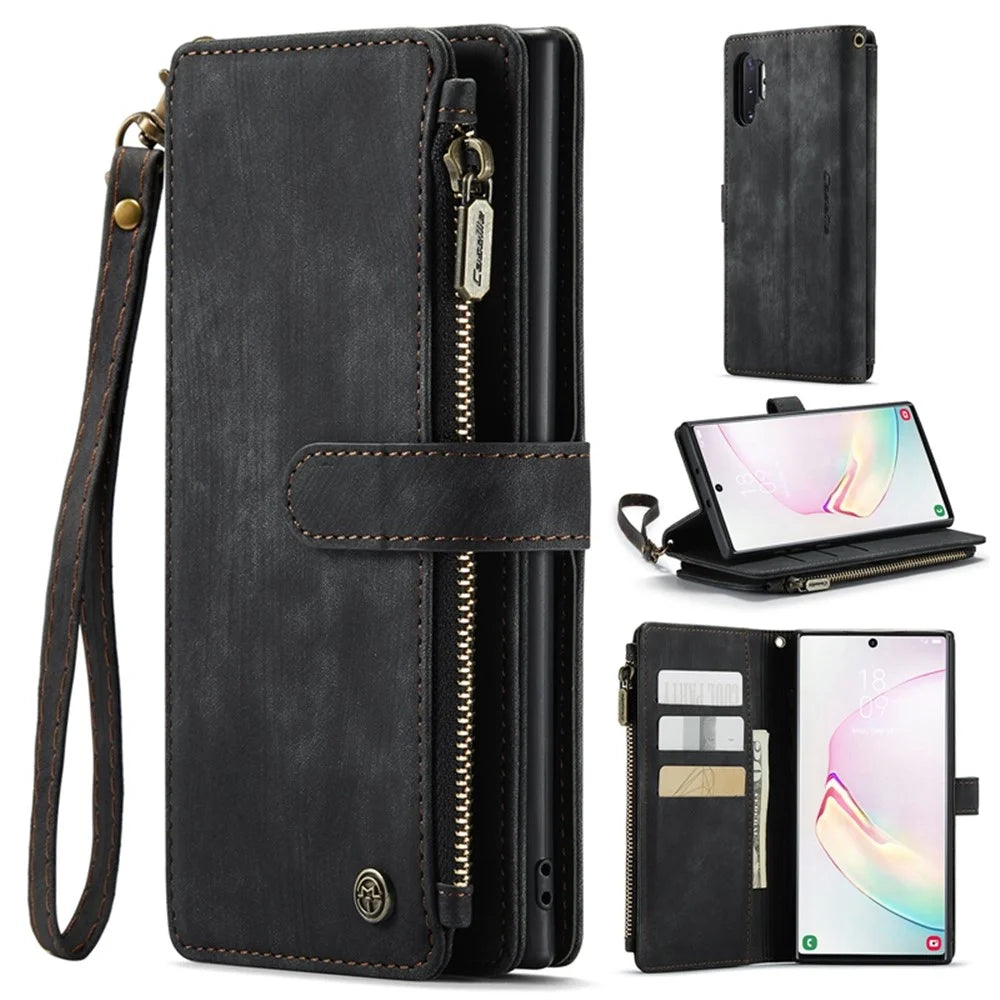 For Samsung Galaxy Note 10 Plus 5G / 4G Phone Cases with Strap CASEME C30 Zipper Multiple Card Holder PU Leather Cover - Black - 1
