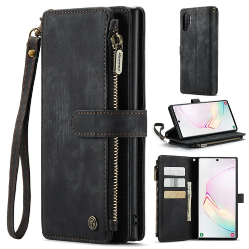 For Samsung Galaxy Note 10 Plus 5G / 4G Phone Cases with Strap CASEME C30 Zipper Multiple Card Holder PU Leather Cover - Black - 1