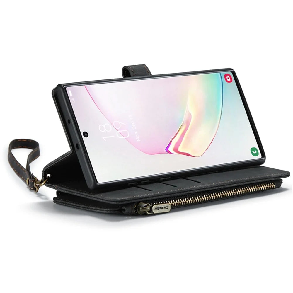 For Samsung Galaxy Note 10 Plus 5G / 4G Phone Cases with Strap CASEME C30 Zipper Multiple Card Holder PU Leather Cover - Black - 2