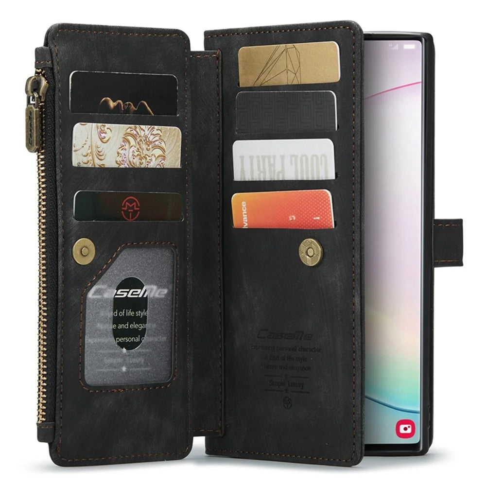 For Samsung Galaxy Note 10 Plus 5G / 4G Phone Cases with Strap CASEME C30 Zipper Multiple Card Holder PU Leather Cover - Black - 3