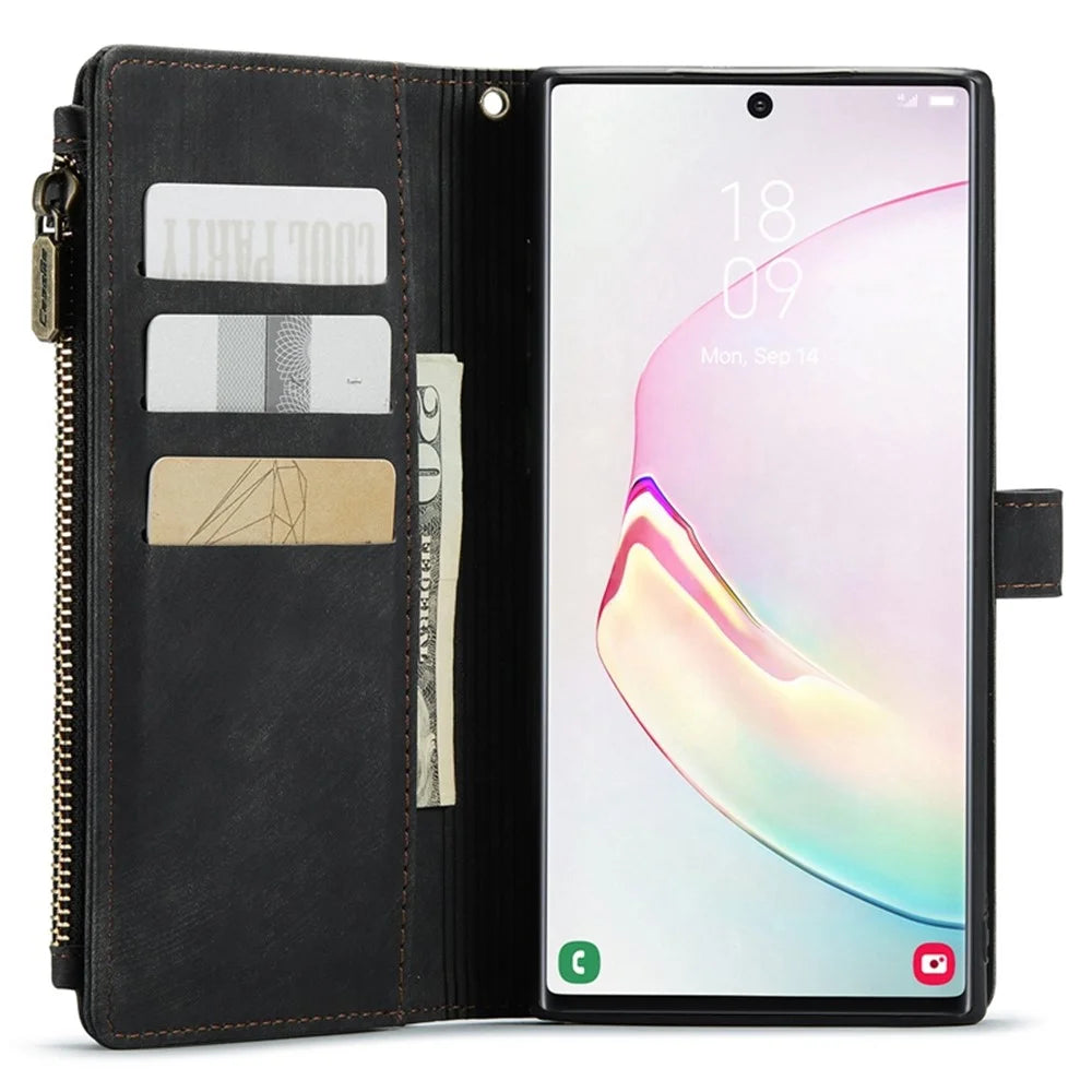 For Samsung Galaxy Note 10 Plus 5G / 4G Phone Cases with Strap CASEME C30 Zipper Multiple Card Holder PU Leather Cover - Black - 4