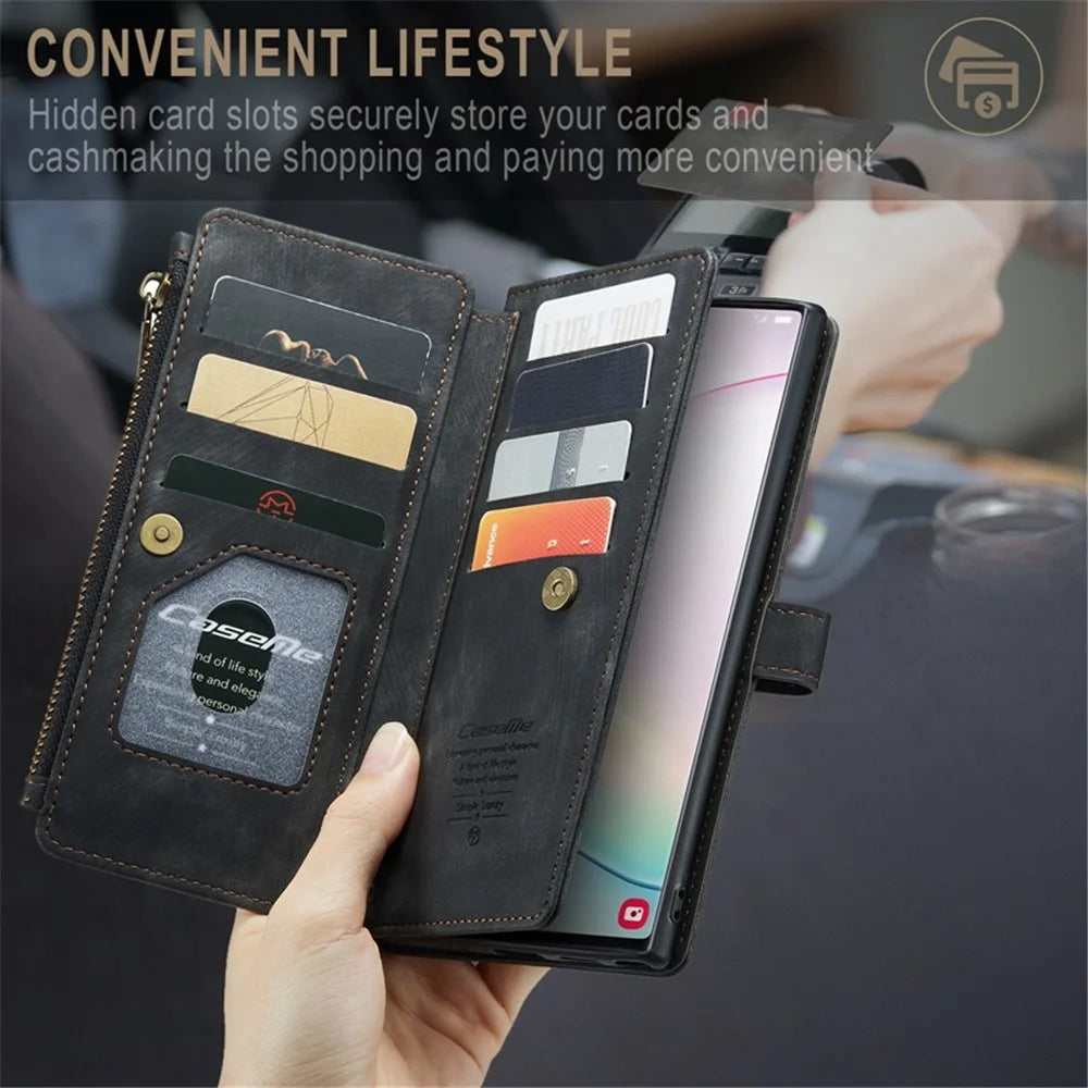 For Samsung Galaxy Note 10 Plus 5G / 4G Phone Cases with Strap CASEME C30 Zipper Multiple Card Holder PU Leather Cover - Black - 5