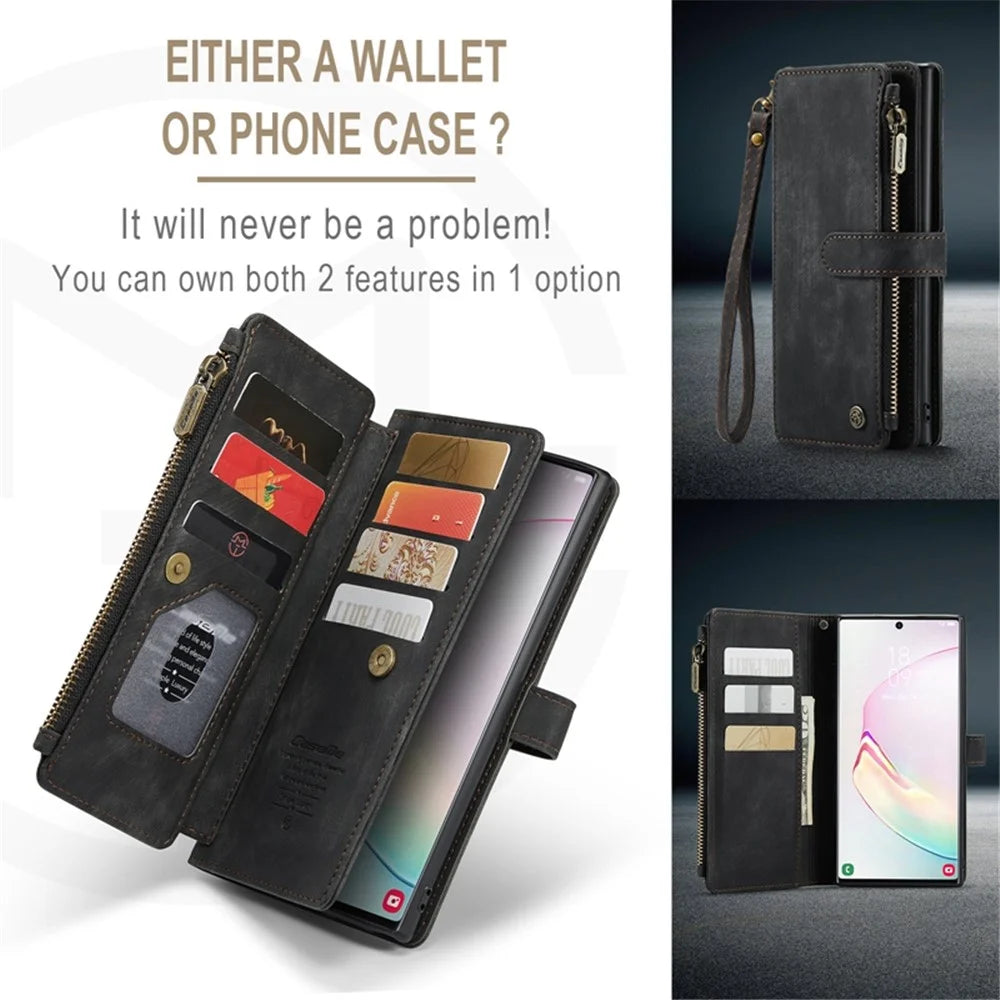 For Samsung Galaxy Note 10 Plus 5G / 4G Phone Cases with Strap CASEME C30 Zipper Multiple Card Holder PU Leather Cover - Black - 6