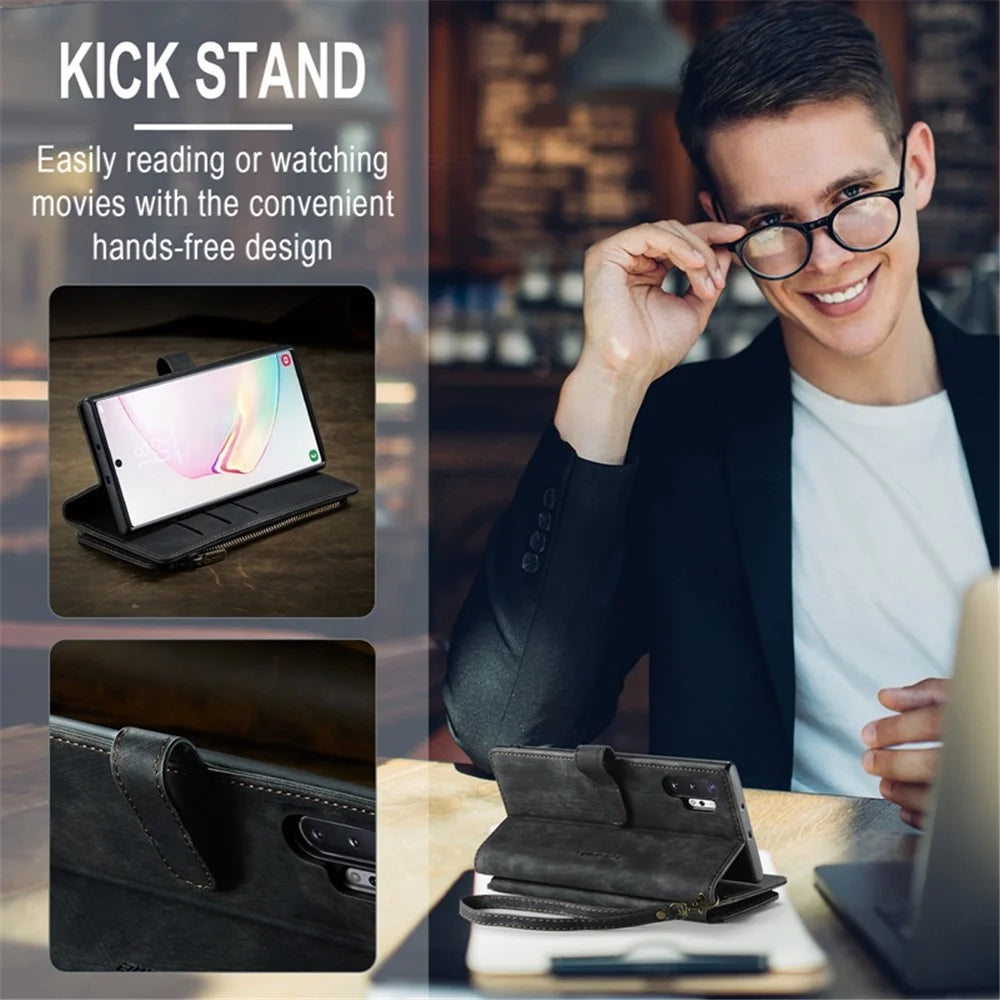 For Samsung Galaxy Note 10 Plus 5G / 4G Phone Cases with Strap CASEME C30 Zipper Multiple Card Holder PU Leather Cover - Black - 7