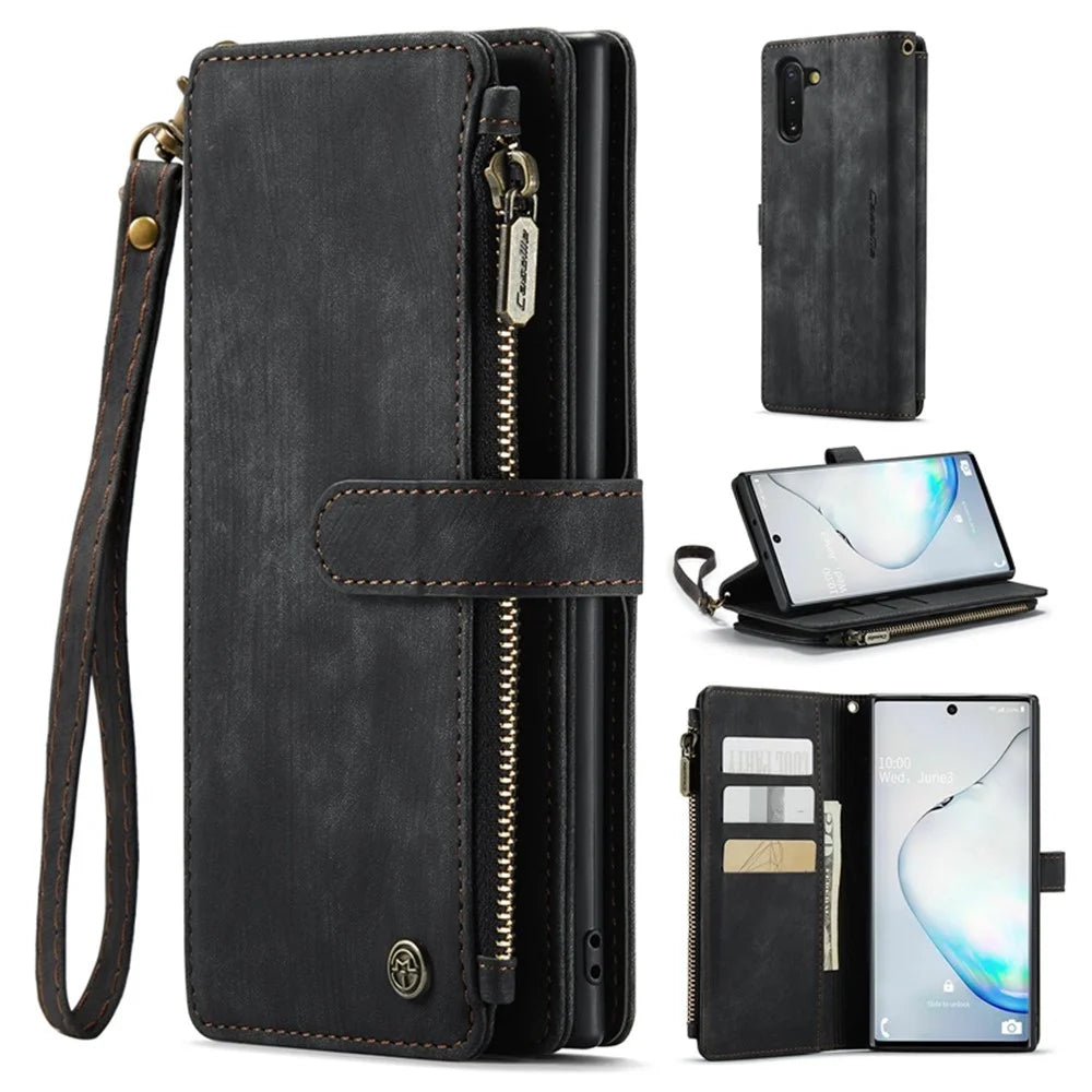 For Samsung Galaxy Note 10 5G / 4G Phone Cases with Strap CASEME C30 Zipper Multiple Card Holder PU Leather Cover - Black - 1