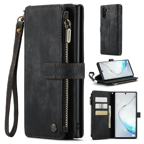 For Samsung Galaxy Note 10 5G / 4G Phone Cases with Strap CASEME C30 Zipper Multiple Card Holder PU Leather Cover - Black - 1
