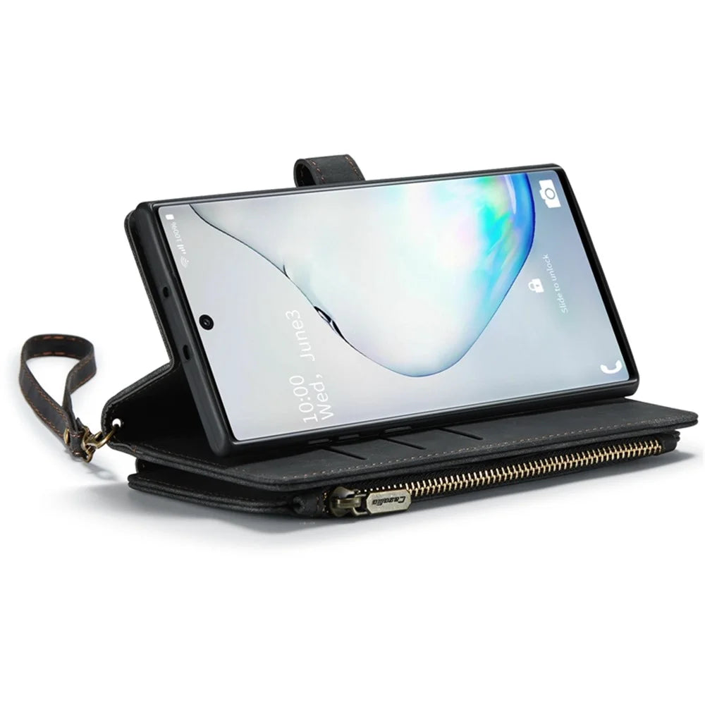 For Samsung Galaxy Note 10 5G / 4G Phone Cases with Strap CASEME C30 Zipper Multiple Card Holder PU Leather Cover - Black - 2