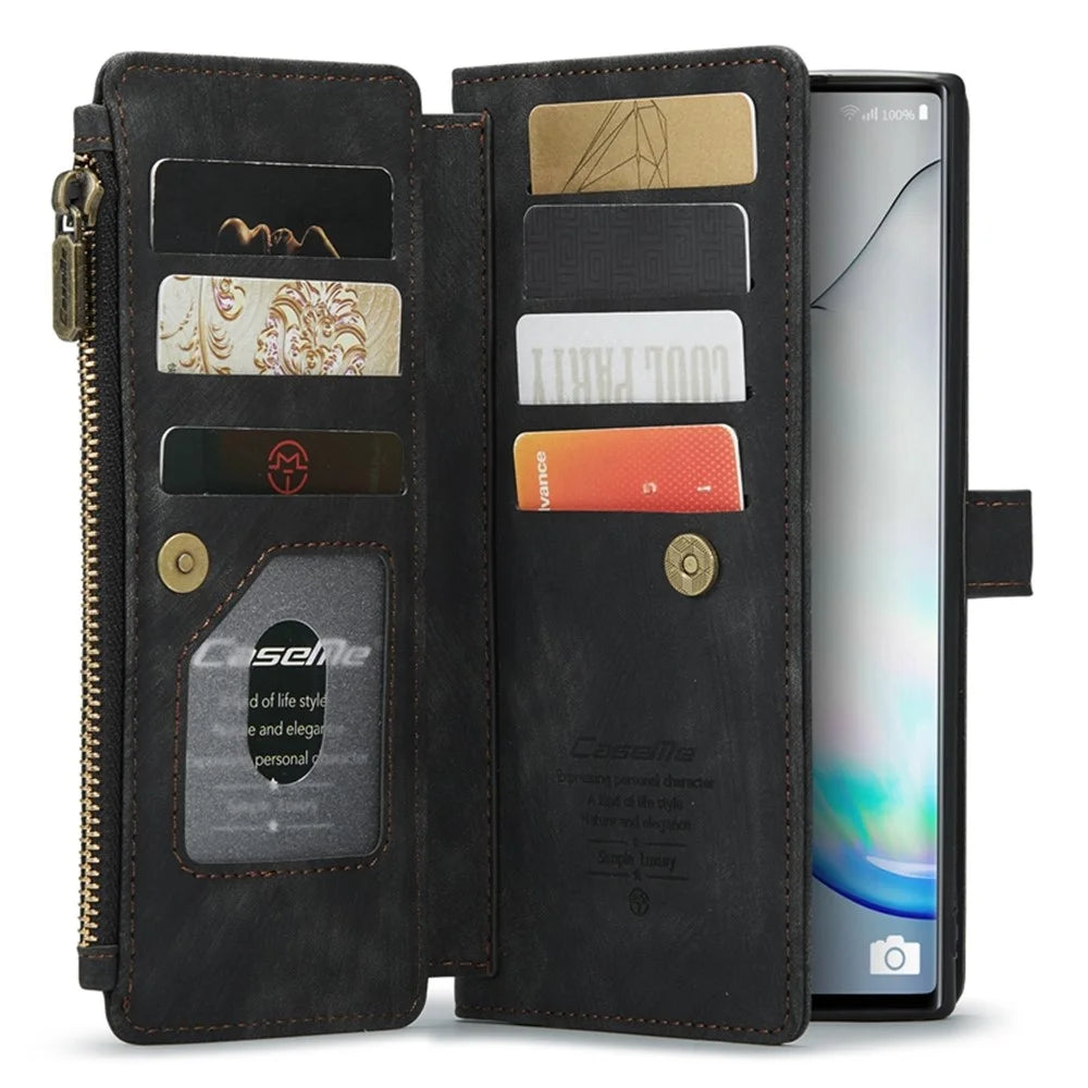 For Samsung Galaxy Note 10 5G / 4G Phone Cases with Strap CASEME C30 Zipper Multiple Card Holder PU Leather Cover - Black - 3