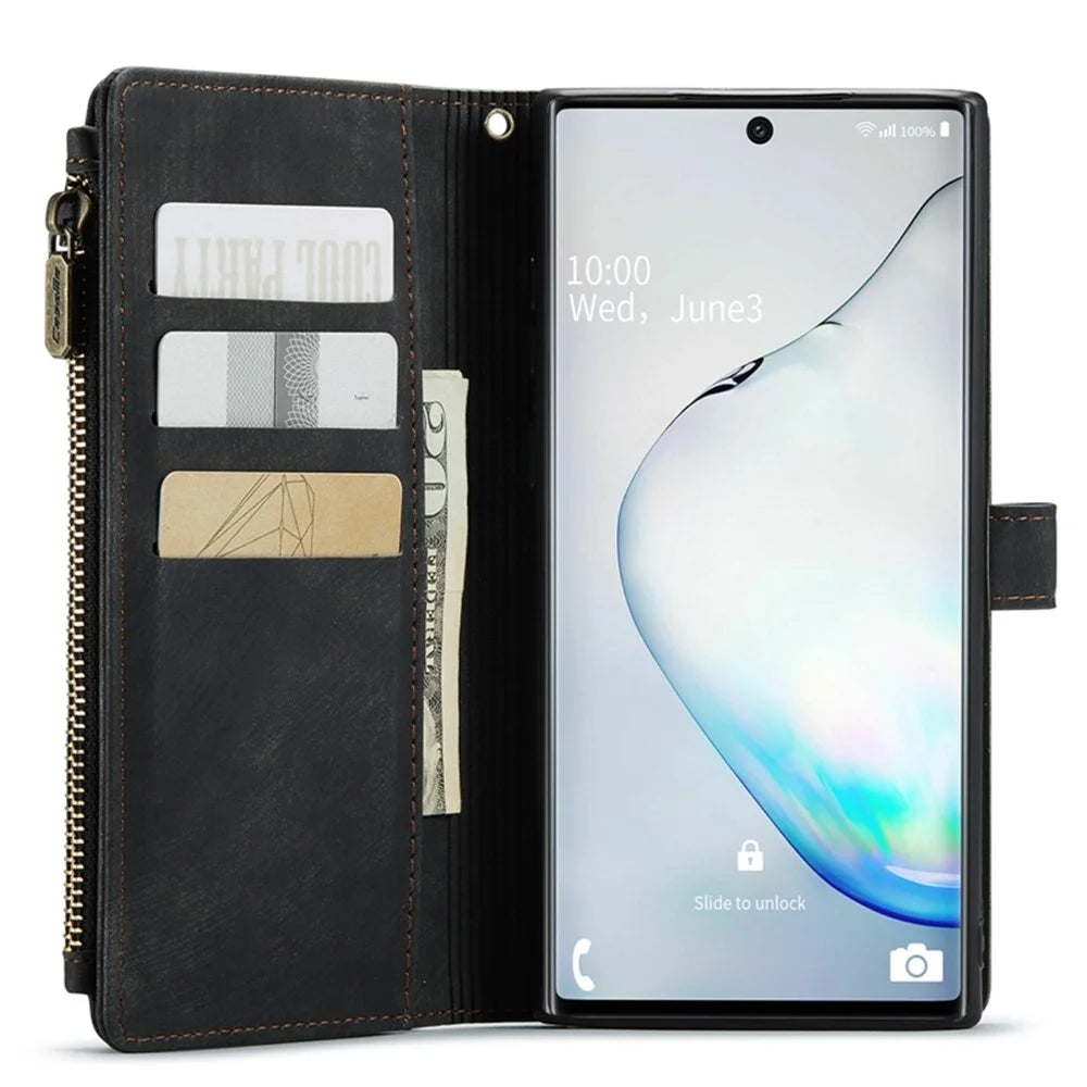 For Samsung Galaxy Note 10 5G / 4G Phone Cases with Strap CASEME C30 Zipper Multiple Card Holder PU Leather Cover - Black - 4