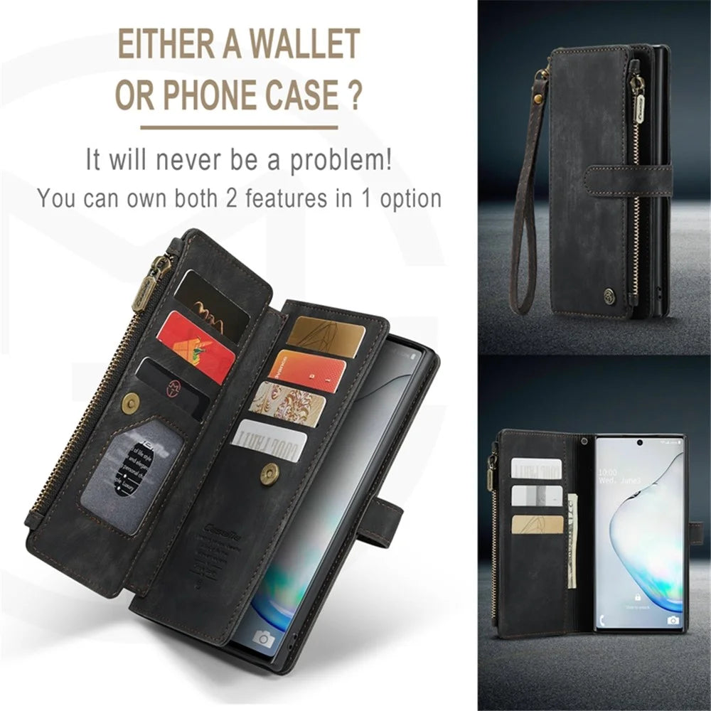 For Samsung Galaxy Note 10 5G / 4G Phone Cases with Strap CASEME C30 Zipper Multiple Card Holder PU Leather Cover - Black - 5