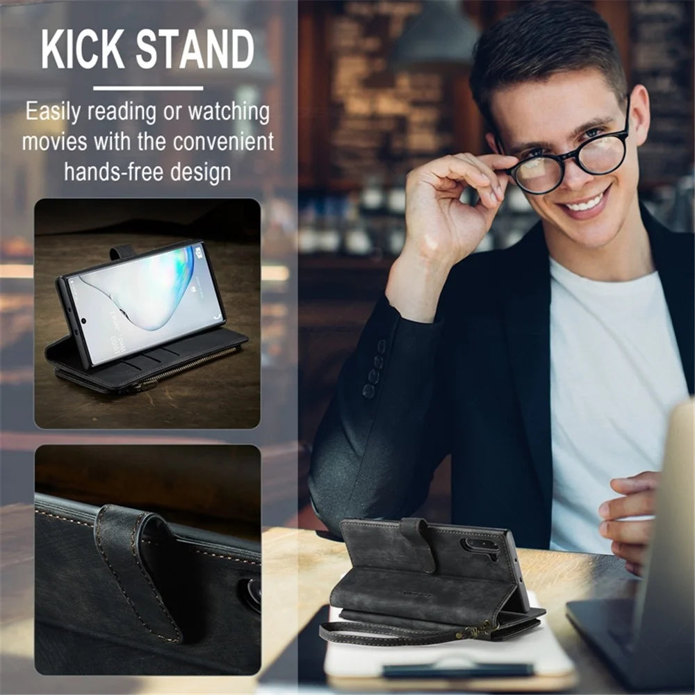 For Samsung Galaxy Note 10 5G / 4G Phone Cases with Strap CASEME C30 Zipper Multiple Card Holder PU Leather Cover - Black - 6