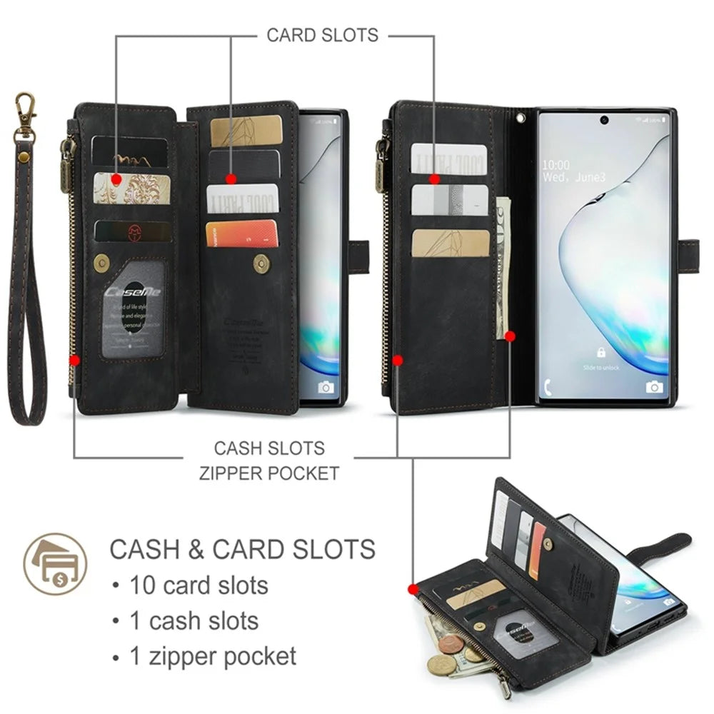 For Samsung Galaxy Note 10 5G / 4G Phone Cases with Strap CASEME C30 Zipper Multiple Card Holder PU Leather Cover - Black - 7