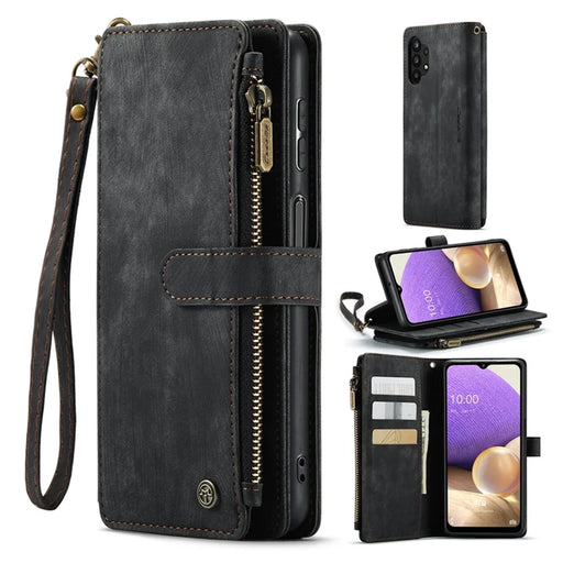 For Samsung Galaxy A32 5G / M32 5G Phone Cases with Strap CASEME C30 Zipper Multiple Card Holder PU Leather Cover - Black - 1