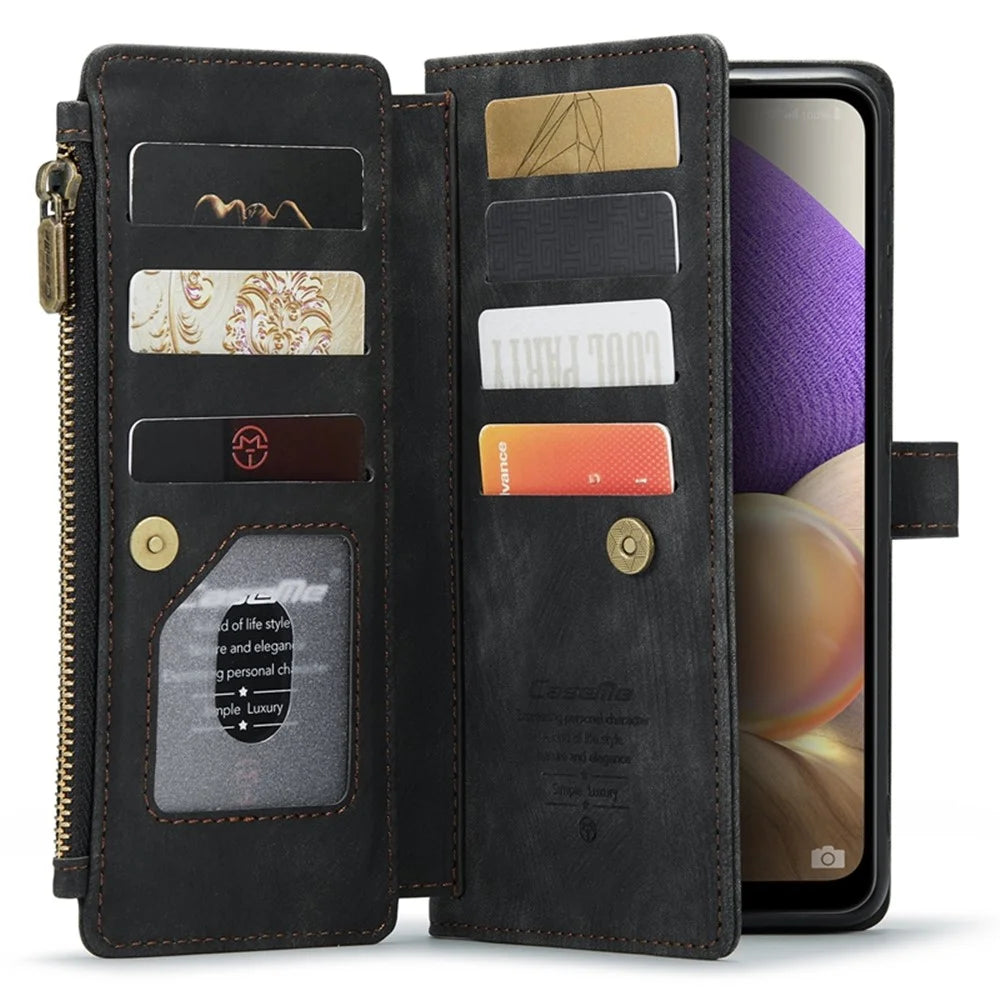 For Samsung Galaxy A32 5G / M32 5G Phone Cases with Strap CASEME C30 Zipper Multiple Card Holder PU Leather Cover - Black - 3