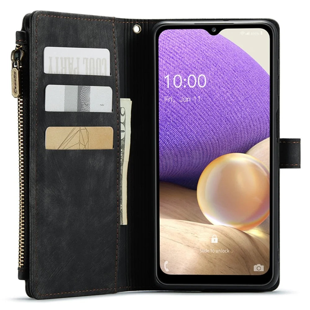 For Samsung Galaxy A32 5G / M32 5G Phone Cases with Strap CASEME C30 Zipper Multiple Card Holder PU Leather Cover - Black - 4