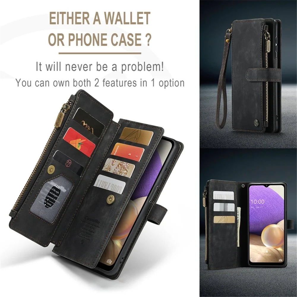 For Samsung Galaxy A32 5G / M32 5G Phone Cases with Strap CASEME C30 Zipper Multiple Card Holder PU Leather Cover - Black - 6