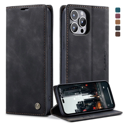CASEME 013 Series Flip Wallet Case for iPhone 14 Pro Max 6.7 inch, Magnetic Auto-absorbed Stand Drop-proof PU Leather Phone Cover - Black - 1