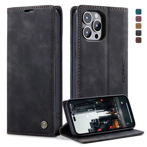 CASEME 013 Series Flip Wallet Case for iPhone 14 Pro Max 6.7 inch, Magnetic Auto-absorbed Stand Drop-proof PU Leather Phone Cover - Black - 1