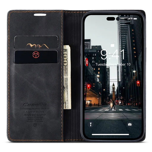 CASEME 013 Series Flip Wallet Case for iPhone 14 Pro Max 6.7 inch, Magnetic Auto-absorbed Stand Drop-proof PU Leather Phone Cover - Black - 2