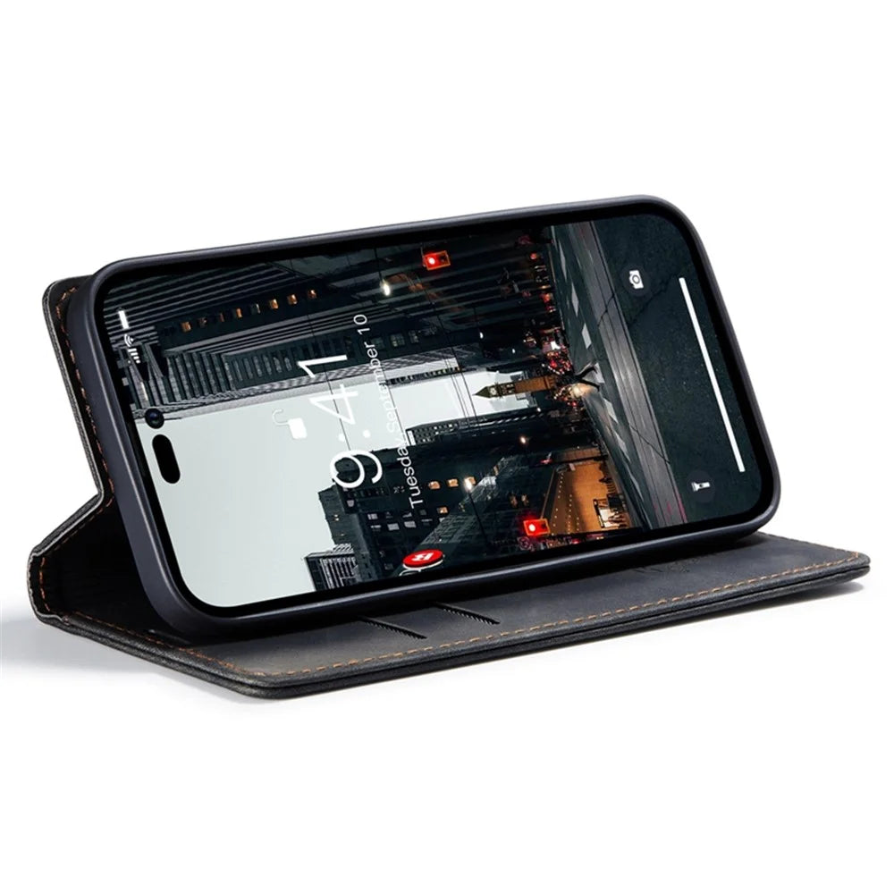 CASEME 013 Series Flip Wallet Case for iPhone 14 Pro Max 6.7 inch, Magnetic Auto-absorbed Stand Drop-proof PU Leather Phone Cover - Black - 3