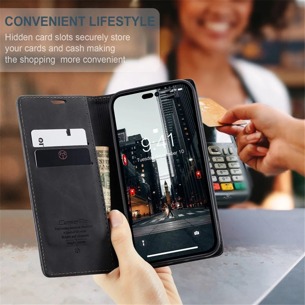 CASEME 013 Series Flip Wallet Case for iPhone 14 Pro Max 6.7 inch, Magnetic Auto-absorbed Stand Drop-proof PU Leather Phone Cover - Black - 7