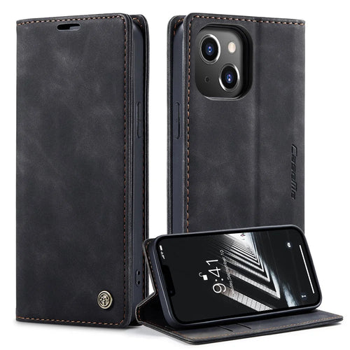 CASEME 013 Series for iPhone 14 Plus 6.7 inch  Shockproof Flip Case Anti-wear PU Leather Wallet Cover Stand Magnetic Auto-absorbed Shell - Black - 1