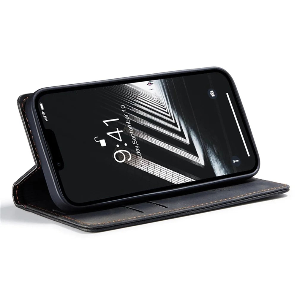 CASEME 013 Series for iPhone 14 Plus 6.7 inch  Shockproof Flip Case Anti-wear PU Leather Wallet Cover Stand Magnetic Auto-absorbed Shell - Black - 3
