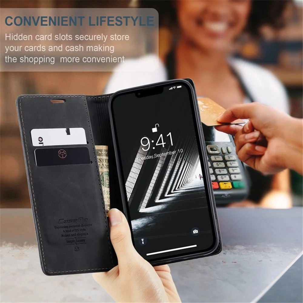CASEME 013 Series for iPhone 14 Plus 6.7 inch  Shockproof Flip Case Anti-wear PU Leather Wallet Cover Stand Magnetic Auto-absorbed Shell - Black - 7