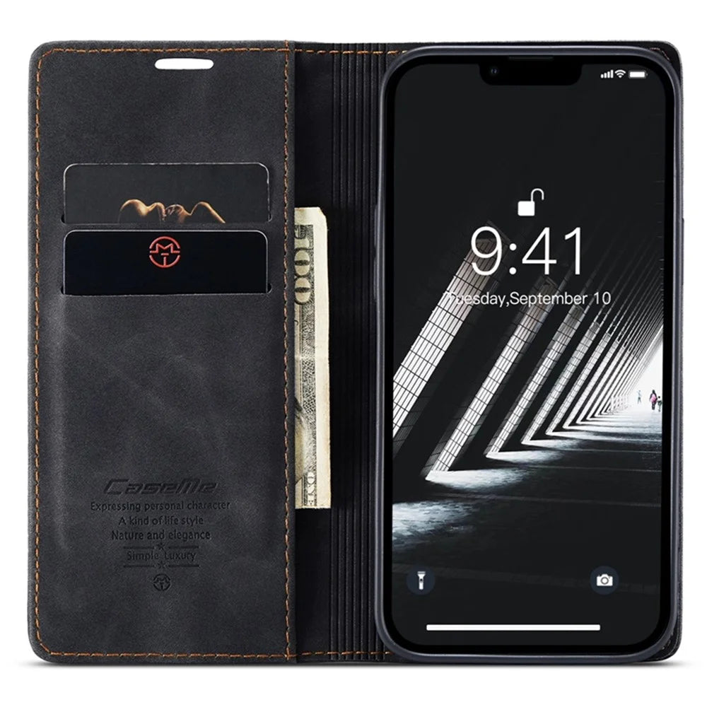 CASEME 013 Series for iPhone 14 6.1 inch Shockproof PU Leather Wallet Case Magnetic Auto-absorbed Stand Phone Cover - Black - 2