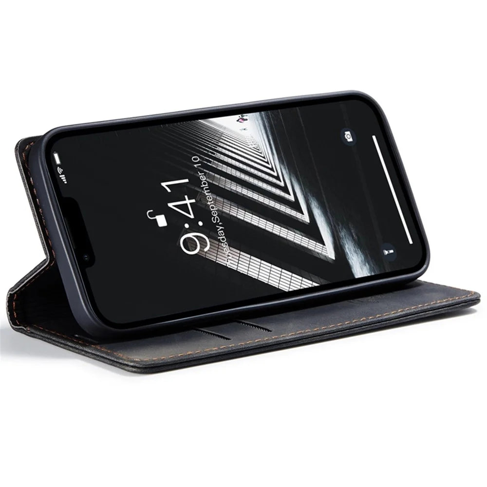 CASEME 013 Series for iPhone 14 6.1 inch Shockproof PU Leather Wallet Case Magnetic Auto-absorbed Stand Phone Cover - Black - 3