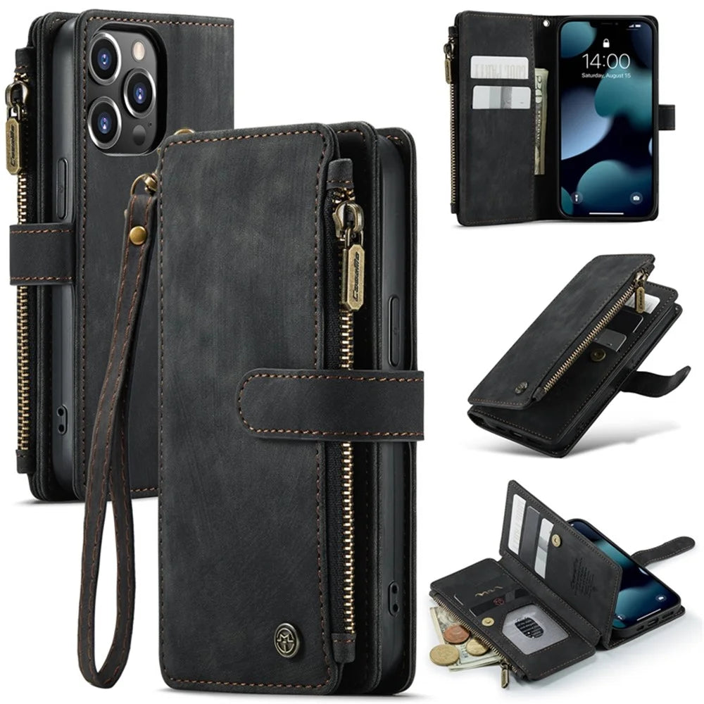 For iPhone 13 Pro Max Phone Cases with Strap CASEME C30 Zipper Multiple Card Holder PU Leather Cover - Black - 1