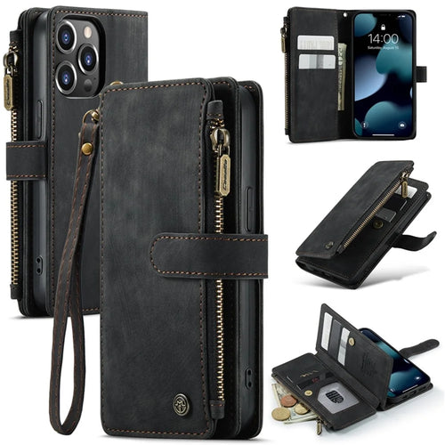 For iPhone 13 Pro Phone Cases with Strap CASEME C30 Zipper Multiple Card Holder PU Leather Cover - Black - 1