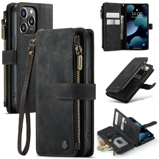 For iPhone 13 Pro Phone Cases with Strap CASEME C30 Zipper Multiple Card Holder PU Leather Cover - Black - 1