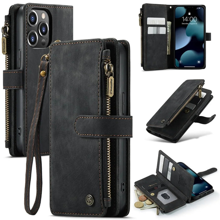 For iPhone 13 Pro Phone Cases with Strap CASEME C30 Zipper Multiple Card Holder PU Leather Cover - Black - 1