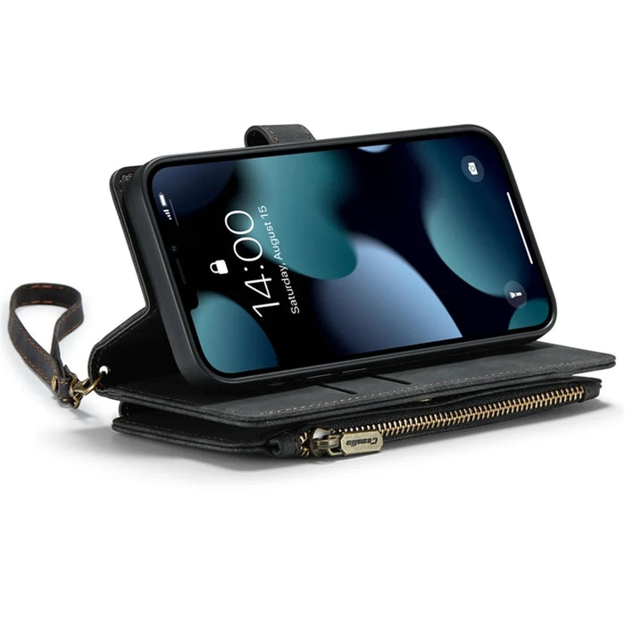 For iPhone 13 Pro Phone Cases with Strap CASEME C30 Zipper Multiple Card Holder PU Leather Cover - Black - 2