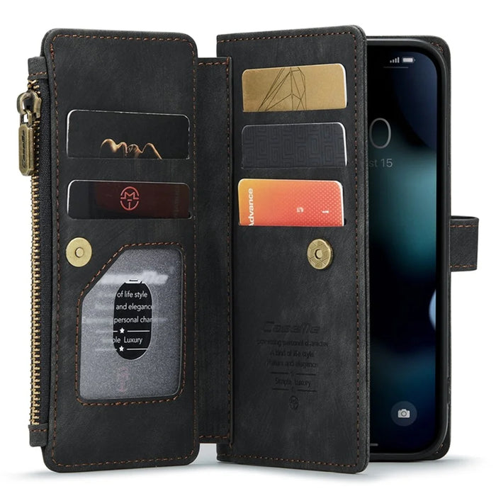 For iPhone 13 Pro Phone Cases with Strap CASEME C30 Zipper Multiple Card Holder PU Leather Cover - Black - 3