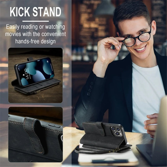 For iPhone 13 Pro Phone Cases with Strap CASEME C30 Zipper Multiple Card Holder PU Leather Cover - Black - 7
